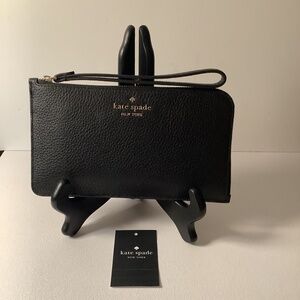 🎁 KATE SPADE BLACK Pebbled Leather Med L-Zip Wristlet Iphone Wallet 8”x4.5” NWT